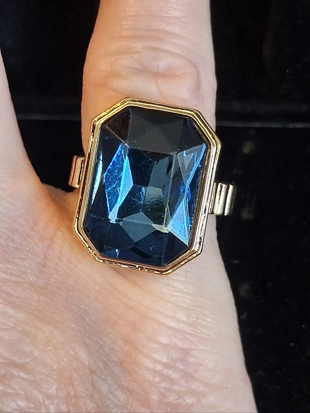 Goldtone Frame Blue Gem Octagon Statement Ring - Women Jewelry
